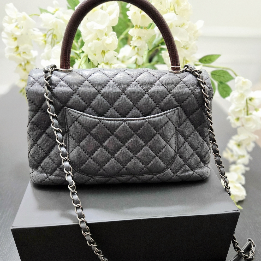 Chanel Coco Caviar Leather Quilted With Lizard Handle Gray Shoulder Bag Medium - Picture 2 of 12